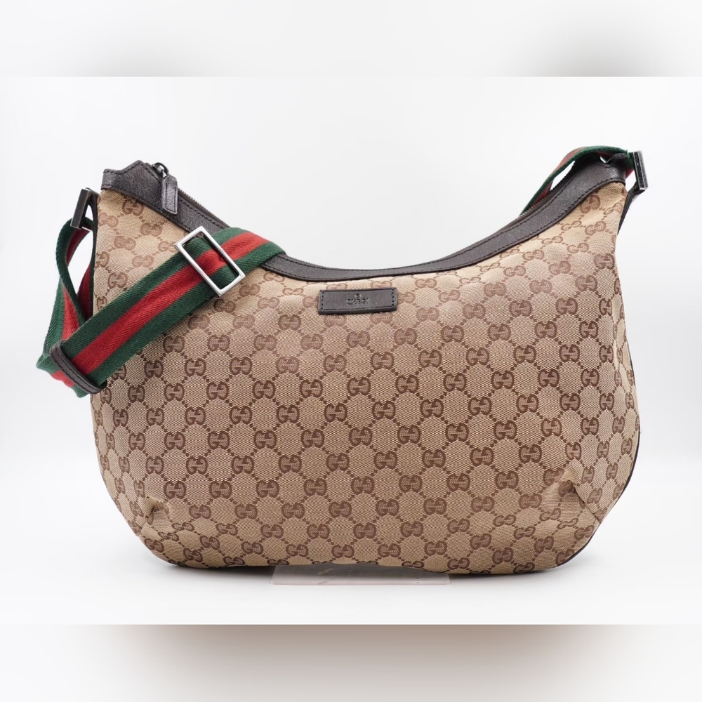 Gucci Beige GG Canvas Crossbody Bag with Green & Red Web Strap